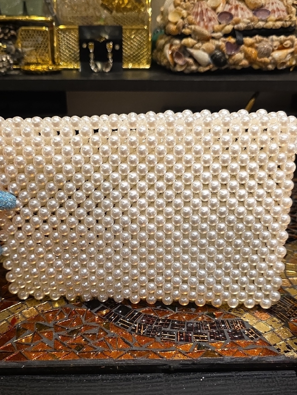 Pearl Beaded Clutch with Shoulder Strap - Elegant White Pearl Wristlet - Picture 3 of 6